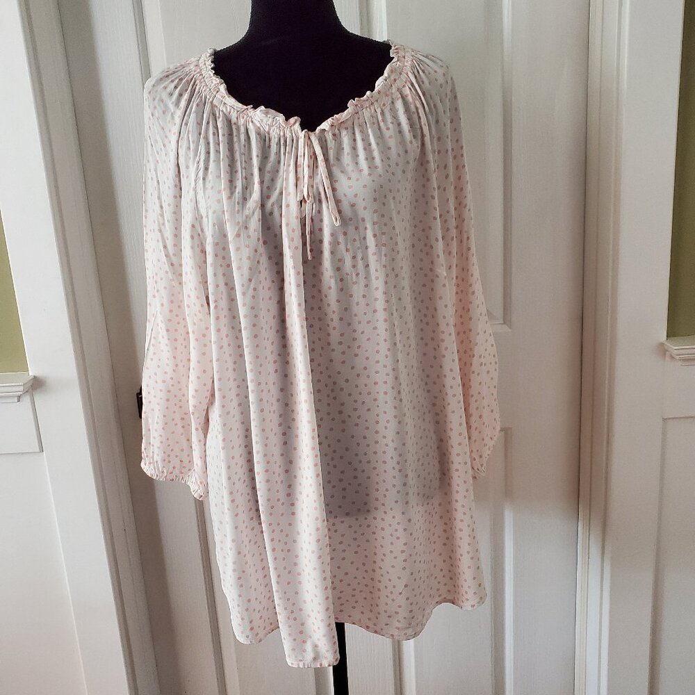 Polka dot elasticized neckline loose flowy blouse